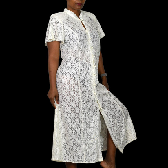Vintage Lace Midi Dress White Ivory Button Front 80s Sheer Corset Lacing Medium - Picture 16 of 16